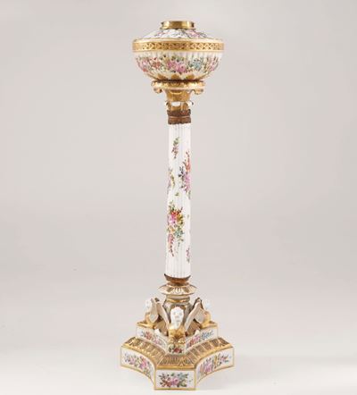 Lampada Ad Olio in Porcellana Policroma Pseudo-sevres