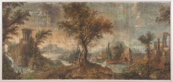 Scuola del XVIII-XIX secolo Paesaggio fluviale con imbarcazioni e pescatori