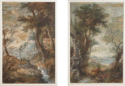 Scuola del XVIII-XIX secolo, Paesaggi fluviali con architetture, olio su tela