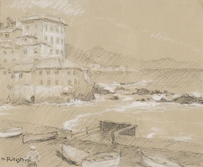 Spiaggia con barche, carboncino e biacca