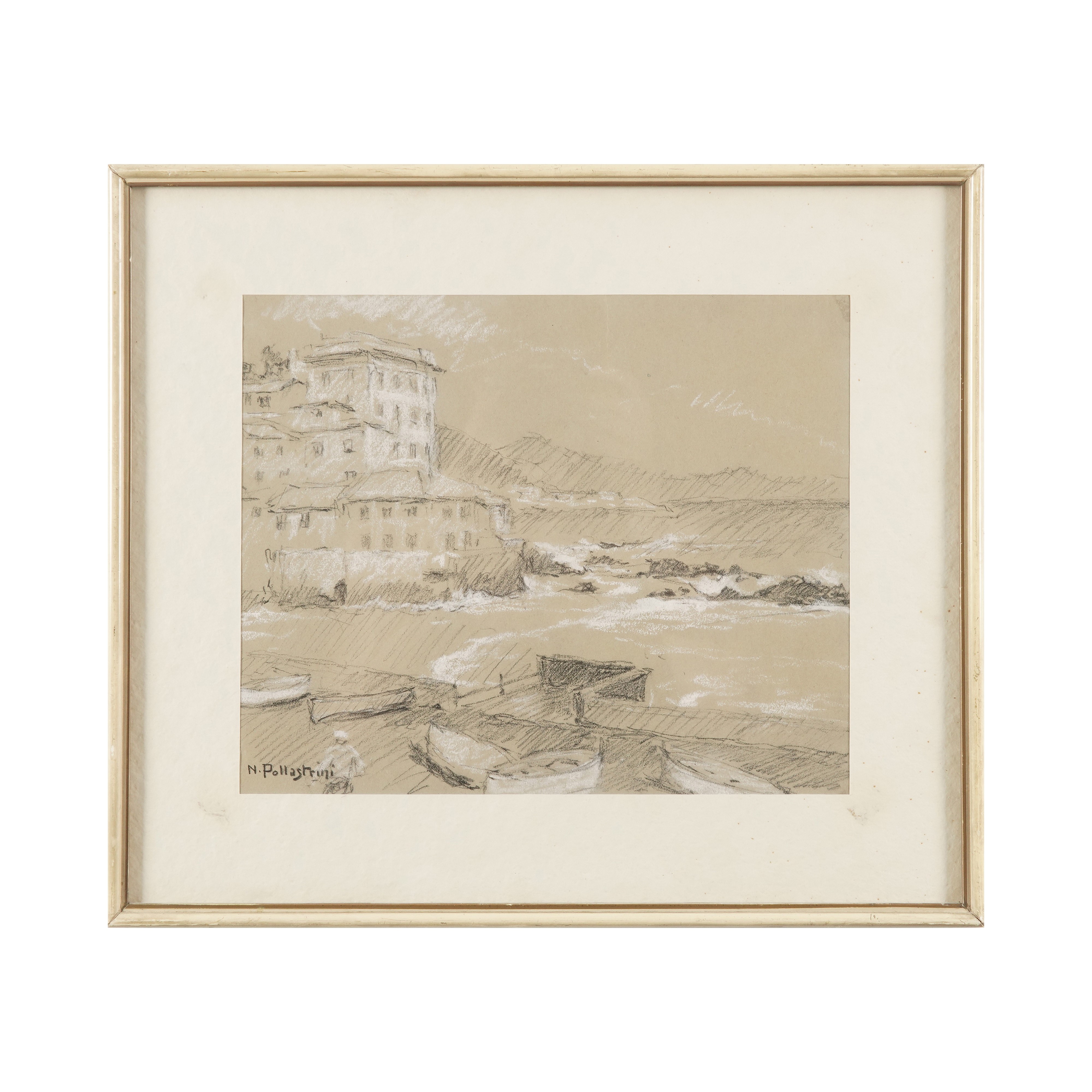 Natale Pollastrini - Spiaggia con barche, carboncino e biacca