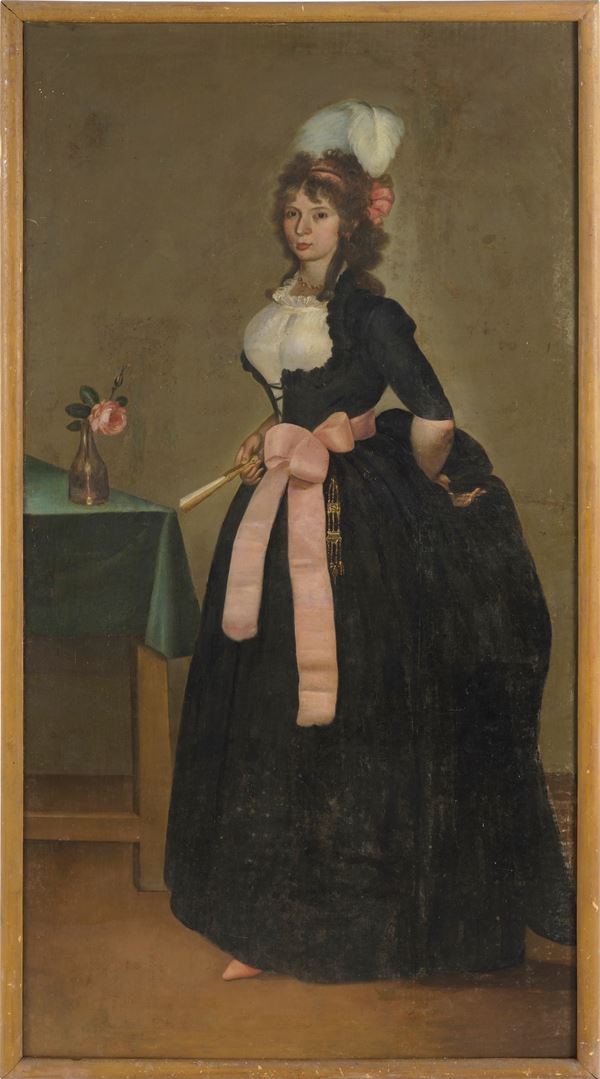 Scuola del XVIII-XIX secolo Ritratto di dama con fiocco rosa