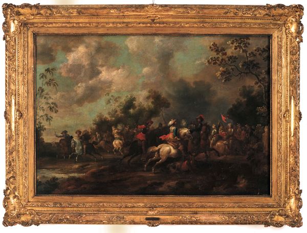 Scuola fiamminga del XVIII secolo Scontro di cavalleria