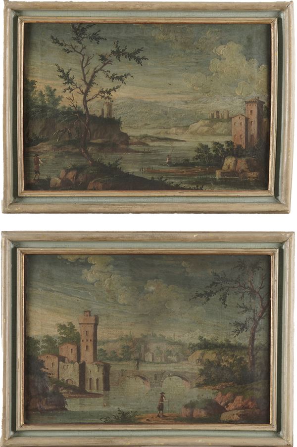 Scuola veneta della fine del XVIII secolo Paesaggi fluviali con figure