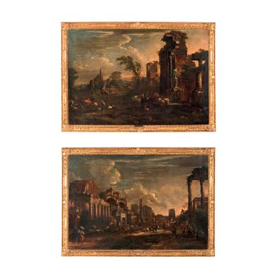 Scuola romana del XVII-XVIII secolo, Vedute con figure e rovine architettoniche, olio su tela