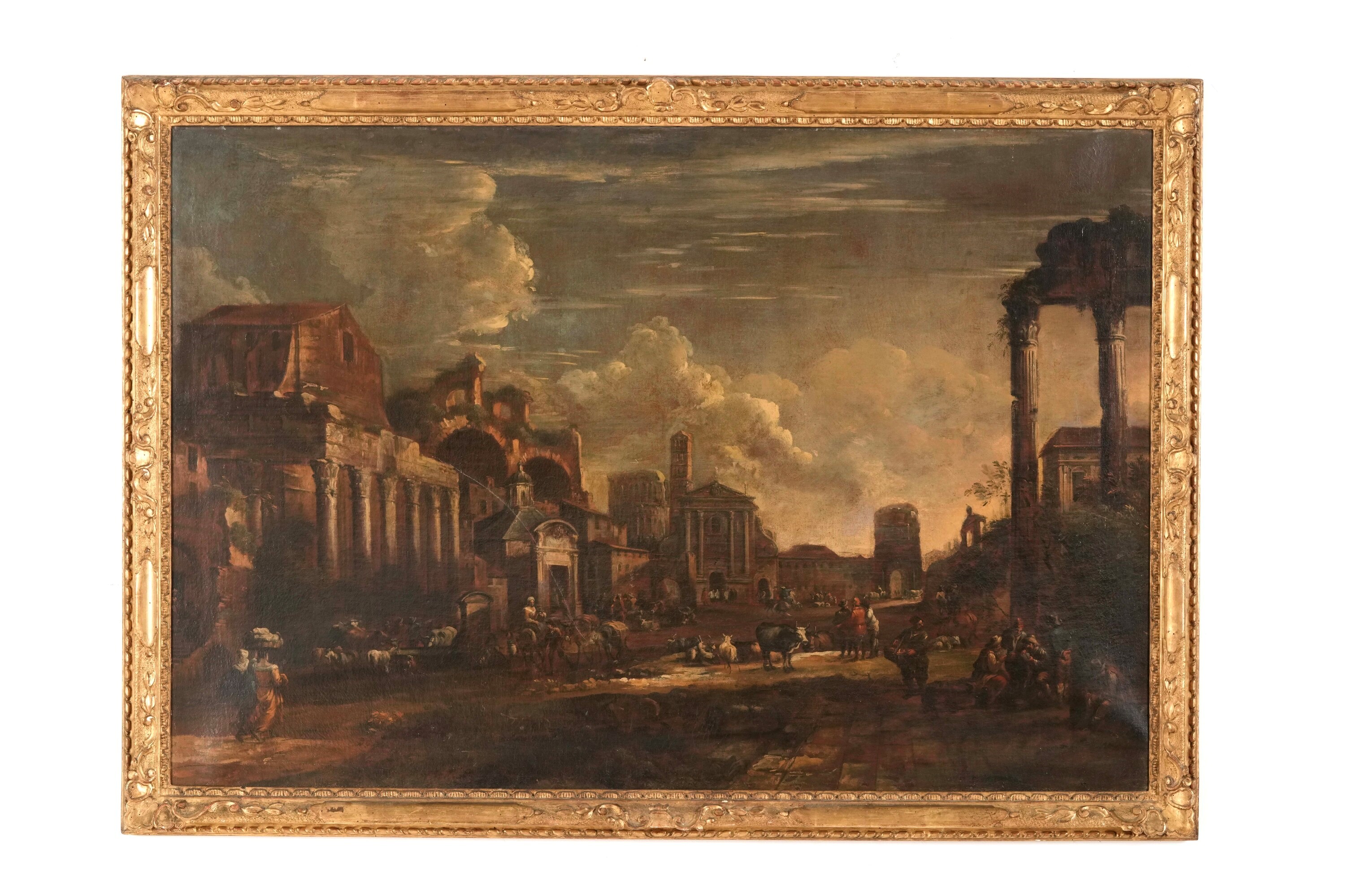 Scuola romana del XVII-XVIII secolo, Vedute con figure e rovine architettoniche, olio su tela