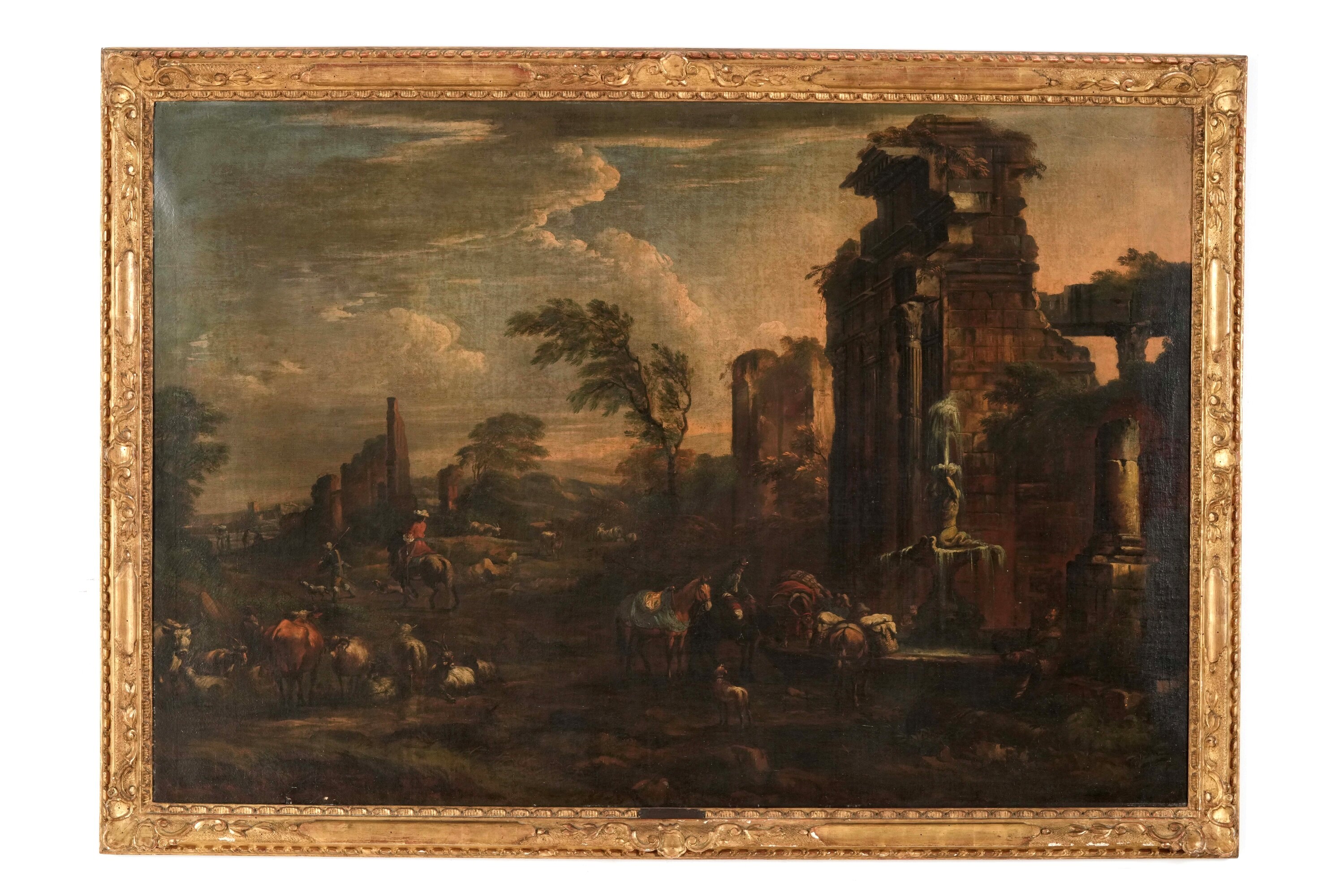 Scuola romana del XVII-XVIII secolo, Vedute con figure e rovine architettoniche, olio su tela