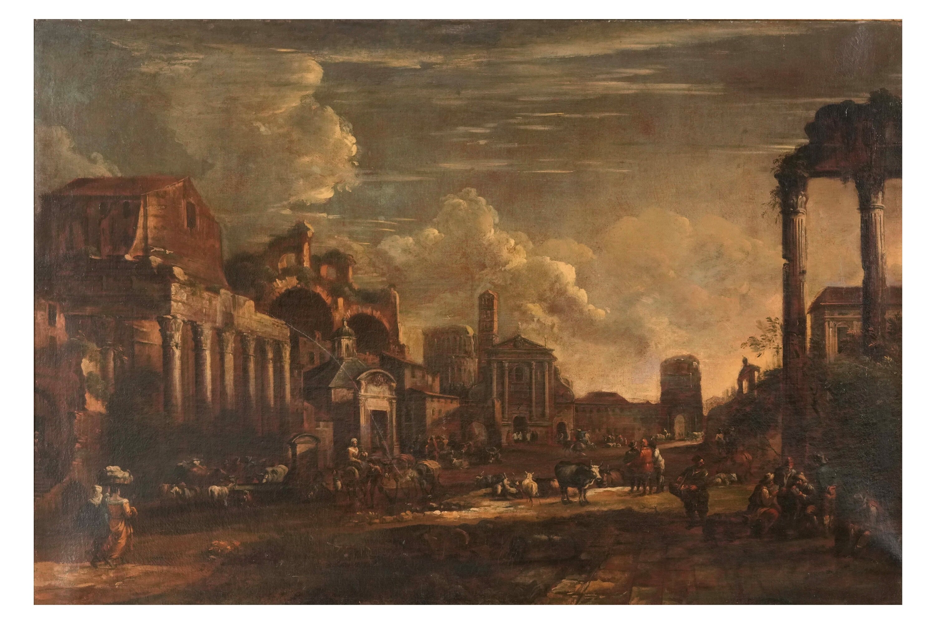 Scuola romana del XVII-XVIII secolo, Vedute con figure e rovine architettoniche, olio su tela