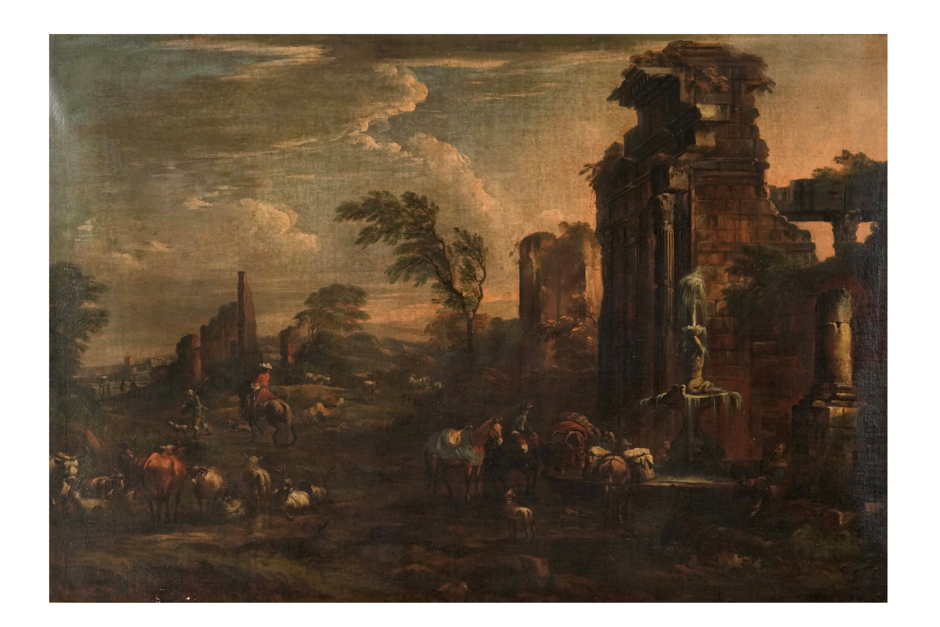 Scuola romana del XVII-XVIII secolo, Vedute con figure e rovine architettoniche, olio su tela