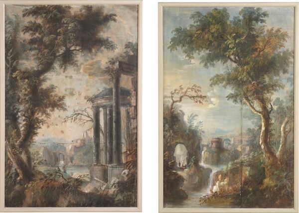 Scuola del XVIII-XIX secolo Paesaggi fluviali con architetture e figure