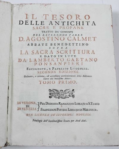 Calmet Agostino il Tesoro delle Antichità Sacre e Profane...verona e Venezia, Ramanzini e Pitteri...