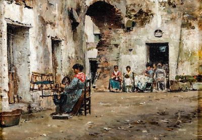 Cucitrici di paese, olio su tela