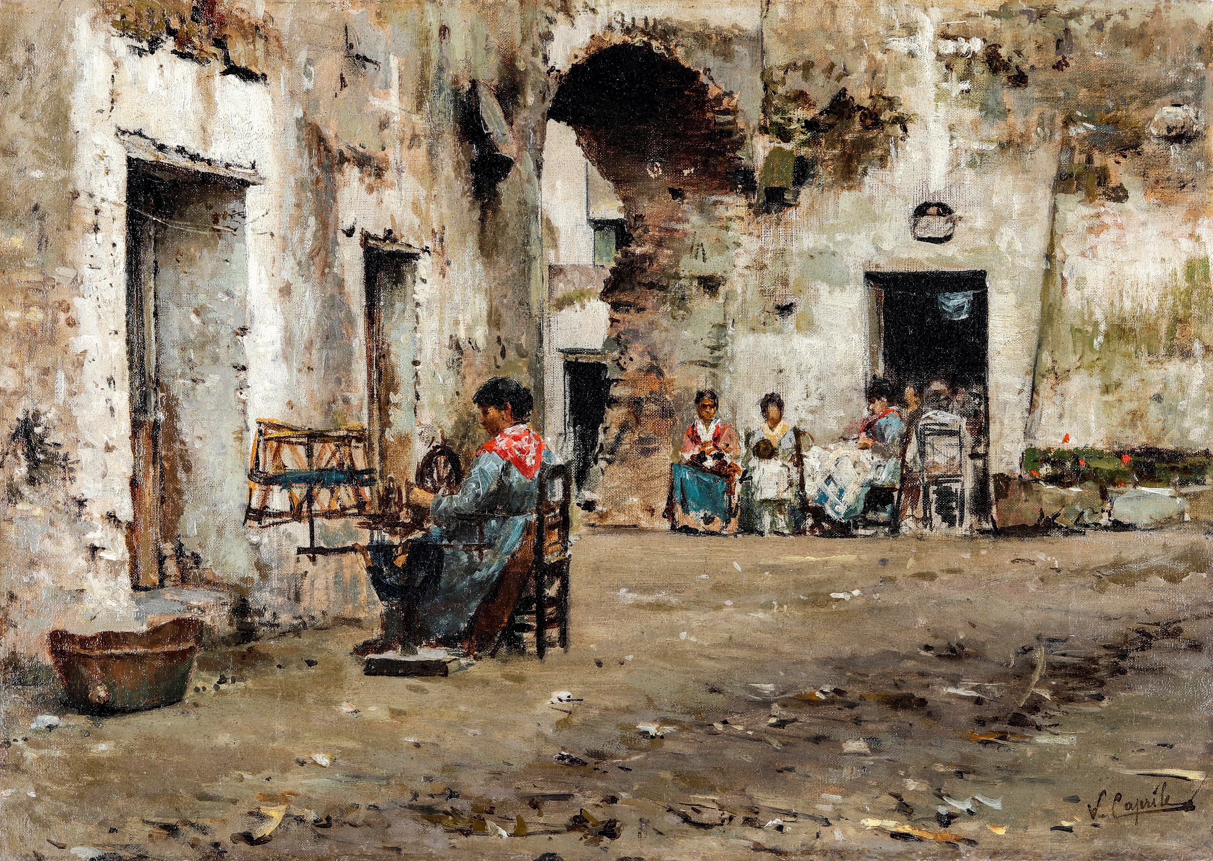 Vincenzo Caprile - Cucitrici di paese, olio su tela