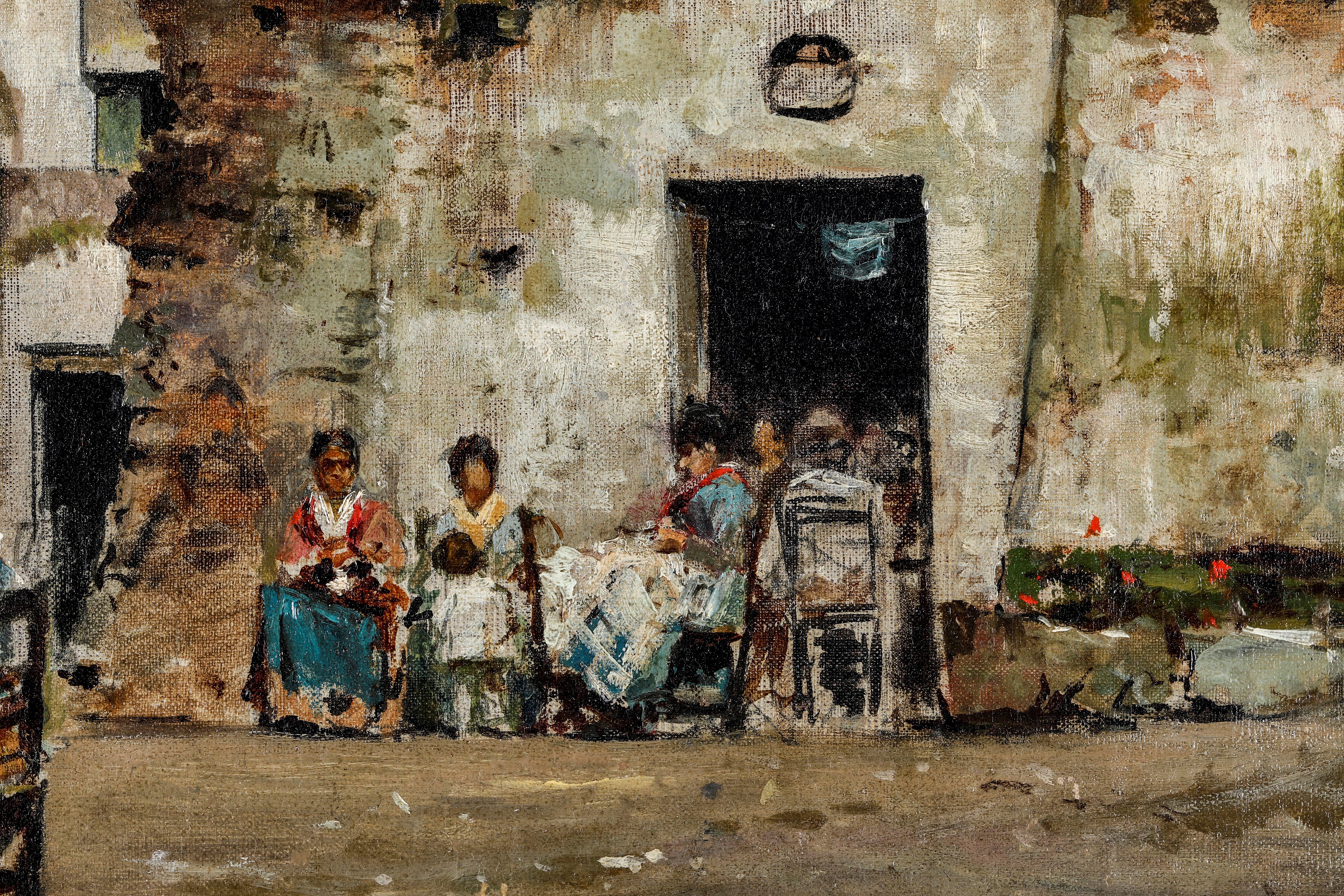 Vincenzo Caprile - Cucitrici di paese, olio su tela
