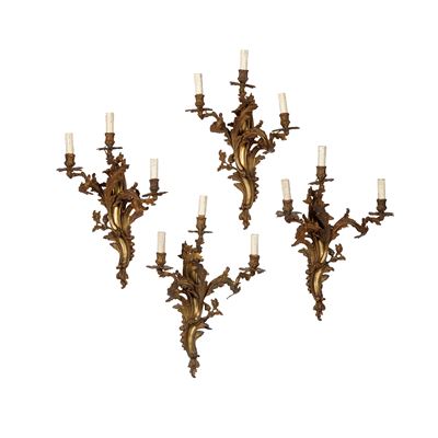 Appliques in bronzo cesellato e dorato, stile Luigi XV, Francia, XIX secolo
