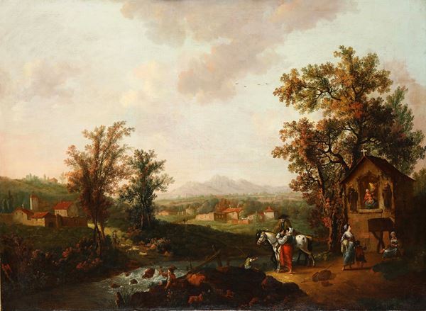 Francesco Zuccarelli - Paesaggio fluviale con pescatori e contadini presso una pieve