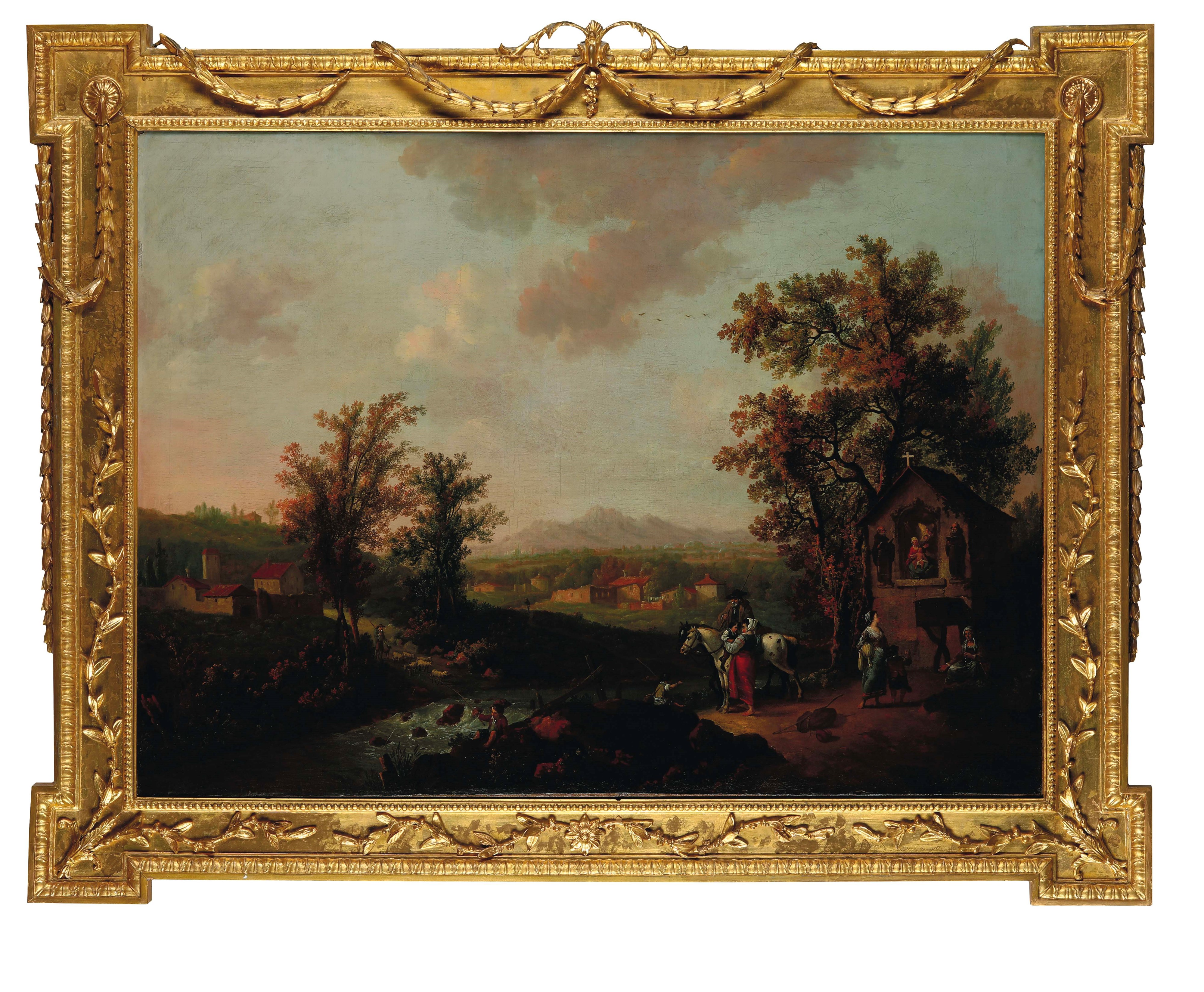 Francesco Zuccarelli - Paesaggio fluviale con pescatori e contadini presso una pieve, olio su tel...