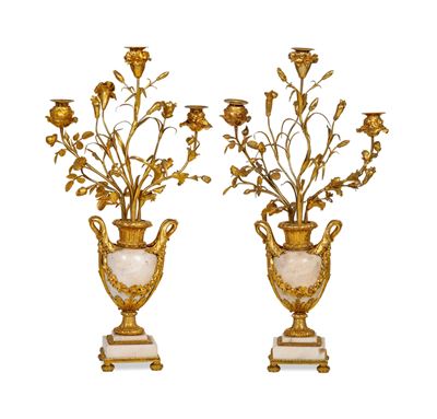 Coppia di candelabri, marmo bianco e bronzo dorato, XIX secolo