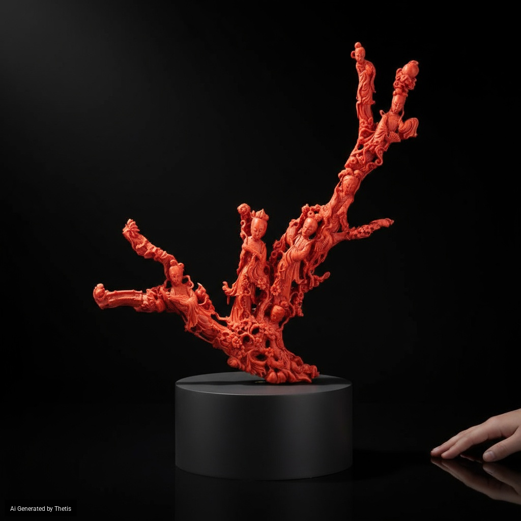 Importante Gruppo Scolpito in Corallo Rosso Raffigurante Guanyin con Fanciulle e Scoiattoli, Moti...