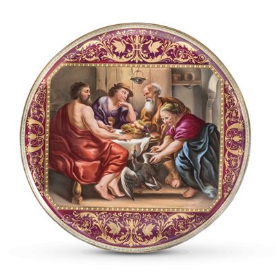 Pseudo marca di Vienna, Vassoio boemo in porcellana policroma e dorata con scena mitologica (prim...
