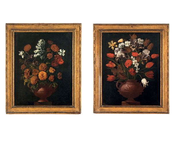 Scuola napoletana XVII secolo Nature morte con vasi di fiori