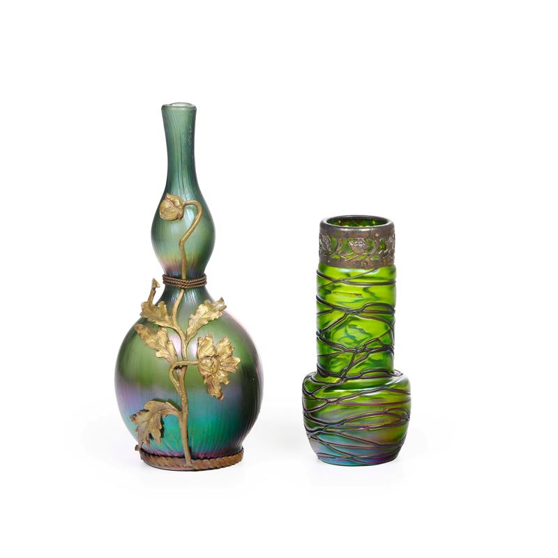Due vasi in vetro verde e metallo. Vienna XX secolo  - Asta Antiquariato - Cambi Casa d'Aste