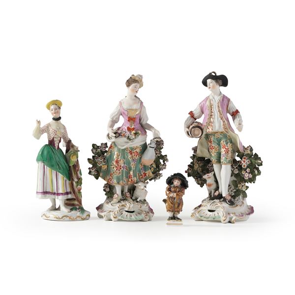 Quattro figure di popolani, XVIII-XX secolo.<BR>Austria, Vienna, XVIII secolo; <BR>Inghilterra, Derby, inizio del XIX secolo.