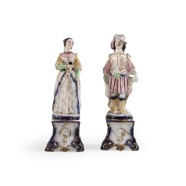 Coppia di figure con dama e gentiluomo.<BR>Francia, circa metà del XIX secolo.