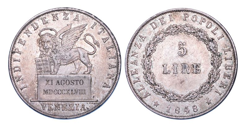 VENEZIA. GOVERNO PROVVISORIO DI VENEZIA, 1848-1849. 5 Lire 1848 (II tipo).  - Asta Numismatica - Cambi Casa d'Aste