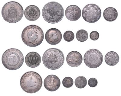 Lotto di undici monete in argento, XIX-XX secolo, Brasile, Francia, Grecia, Regno Unito e Turchia