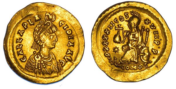 GALLA PLACIDIA (moglie di Costanzo III e madre di Valentiniano III), 421-450. Solido.