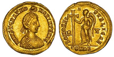 GIUSTA GRATA ONORIA, Solido imperiale, Ravenna, 430-455