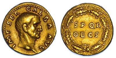 Galba, Aureo 68-69 d.C., Testa nuda e SPQR OB C S