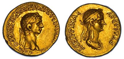 Claudio, Aureo con il ritratto di Agrippina Minore, 41-54 d.C.