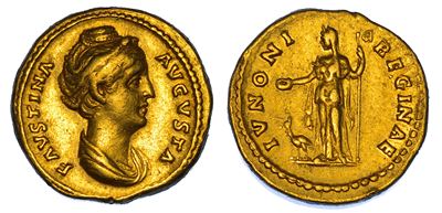 FAUSTINA I, Aureo con busto drappeggiato e Giunone