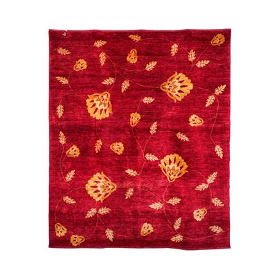 Tappeto moderno, campo rosso scuro con decorazioni floreali gialle, cm 245x305