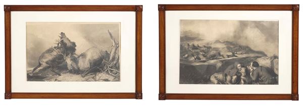 Scene di caccia Landseer Thomas (1795-1880) - Landseer Edwin (1802-1873), The Drive: shooting deer on the pass.. / Henry Thomas (1811-1867), The Combat