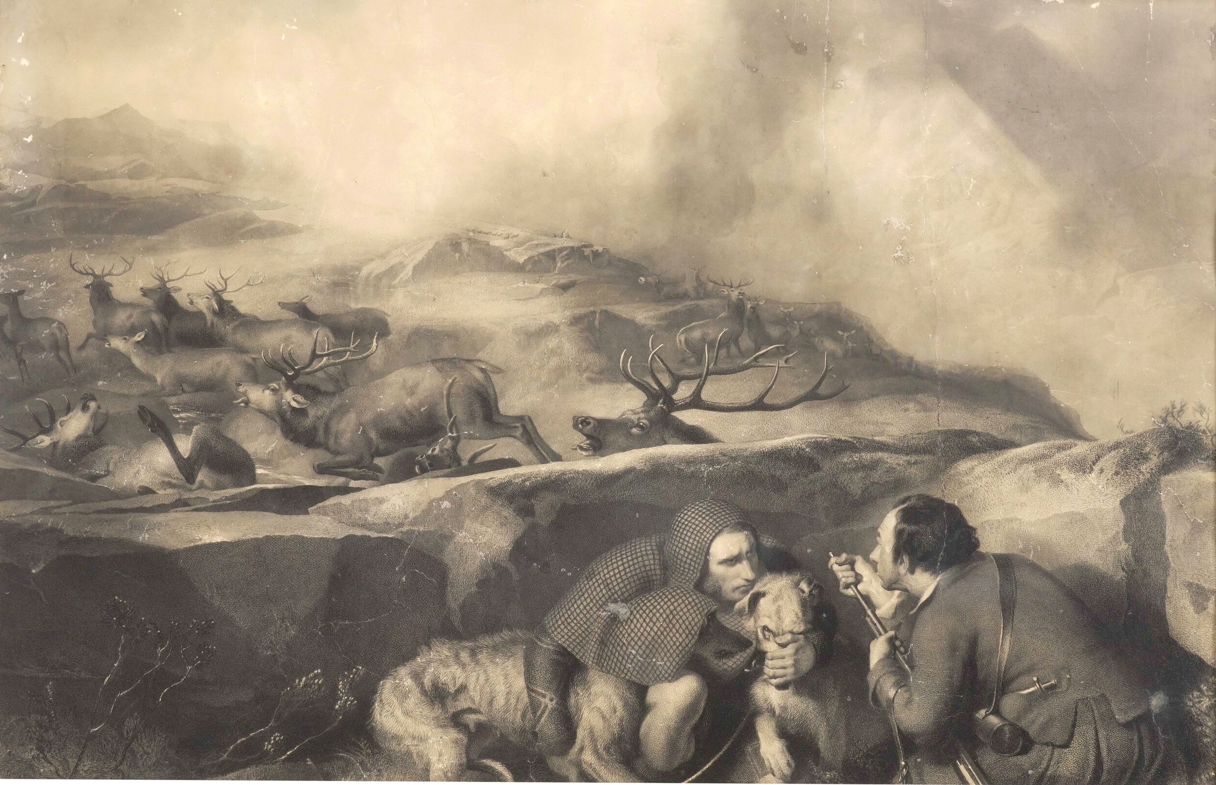 Landseer Thomas e Edwin, Scene di caccia: La guida allo sparo dei cervi e Il combattimento, litog...