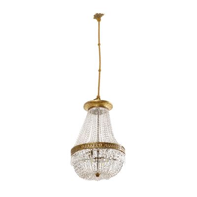 Lampadario a mongolfiera, fasce in legno intagliato e dorato con pendagli in vetro (XIX-XX secolo...