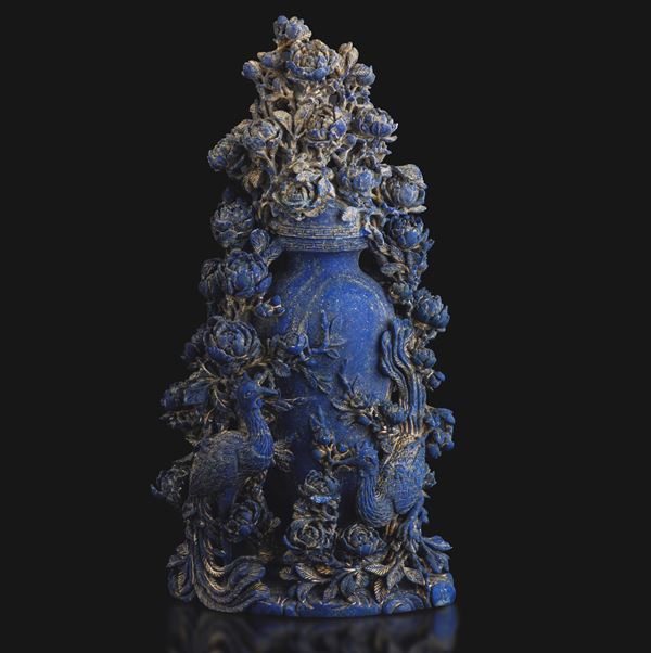 Lapis lazuli vase carved with raised floral and peacock motifs, China, Qing Dynasty, 19th century