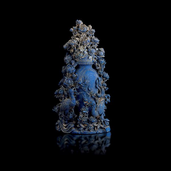 Lapis lazuli vase carved with raised floral and peacock motifs, China, Qing Dynasty, 19th century