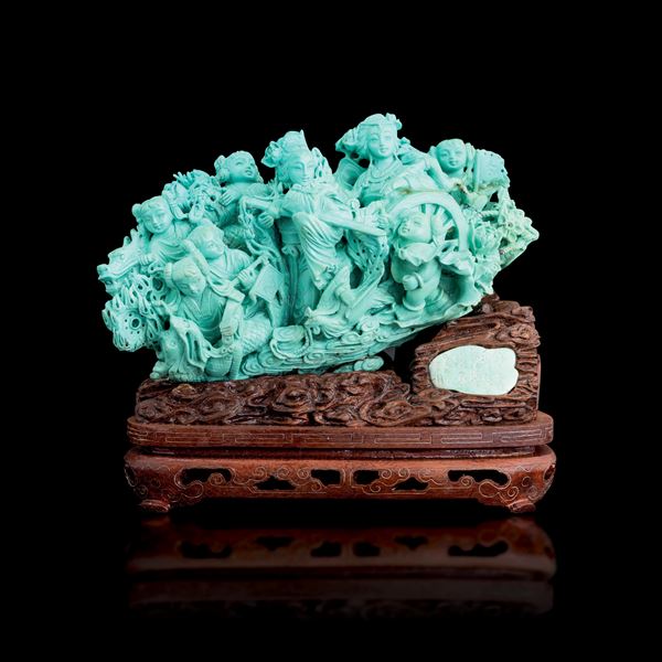 Turquoise group depicting maidens and children with a dragon and inscriptions, China, 20th century