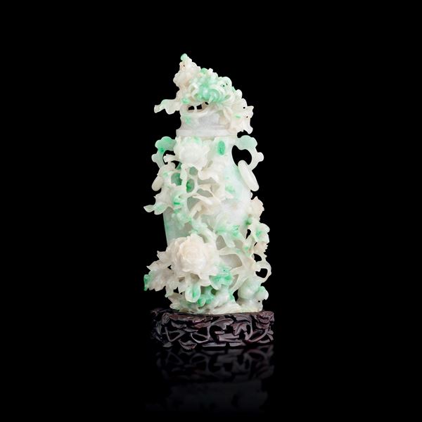 Vase carved in jadeite with apple green hues and raised vegetal decorations, China, Qing Dynasty, 19th century