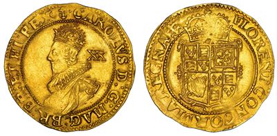 Charles I Stuart, Unite da 20 shillings, 1628-1629, Zecca della Torre, Londra