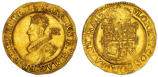 INGHILTERRA. CHARLES I STUART, 1625-1649. Unite da 20 shillings, 1628-1629. Zecca della Torre (simbolo ancora, Londra).