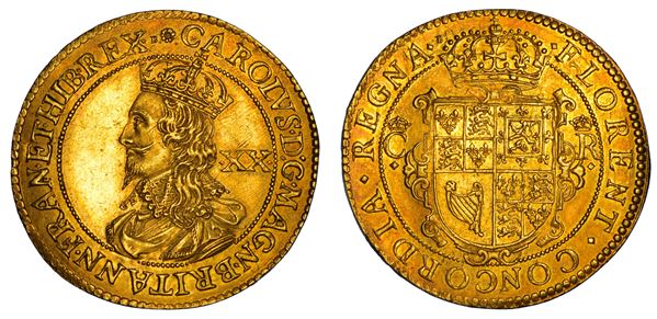 INGHILTERRA. CHARLES I STUART, 1625-1649. Unite da 20 shillings, 1631-1632 (simbolo B margherita). Prima emissione coniata di Nicholas Briot, incisore capo della zecca di Londra (1628-1634).