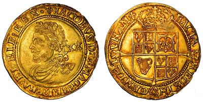 James I Stuart, Moneta aurea 'Laurel', 1623-1624, Zecca della Torre (Londra), Varietà 'Fourth bus...