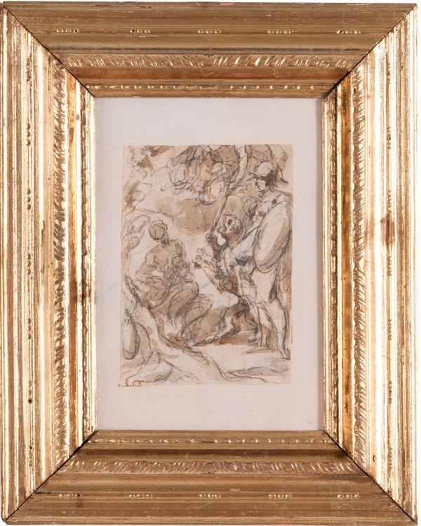 Scuola del XVII secolo Scena con donna e soldati