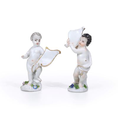 Meissen, Coppia di figurine con cartiglio, porcellana, 1750 circa