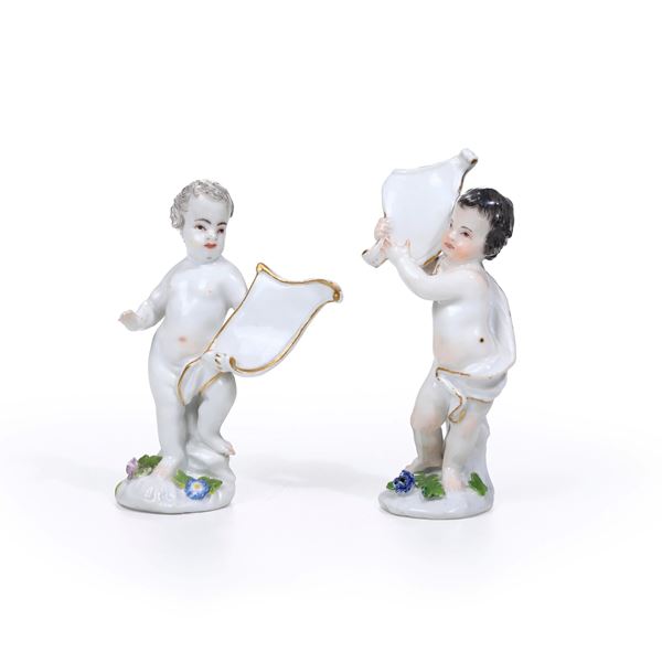 Coppia di figurine con cartiglio. Meissen, 1750 circa.